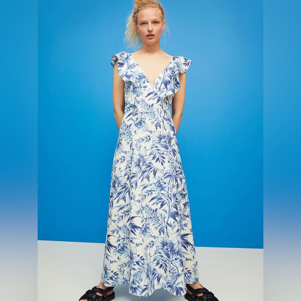 H&M white and royal blue floral linen-blend flounced dress size XS